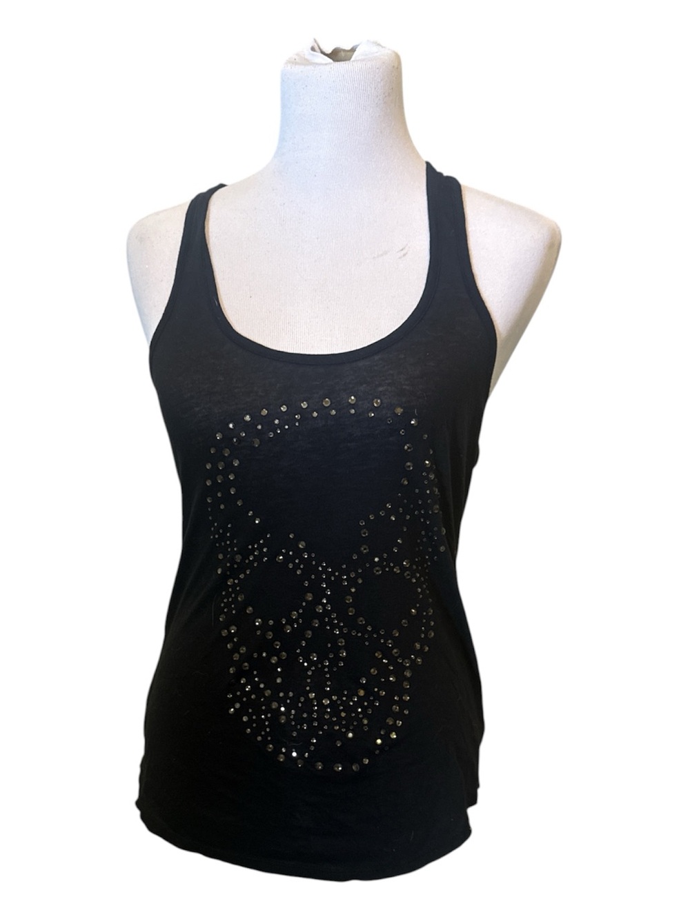 Express Skull Tank Top Black Clear Rhinestone Racerback Back See Through Lace XS